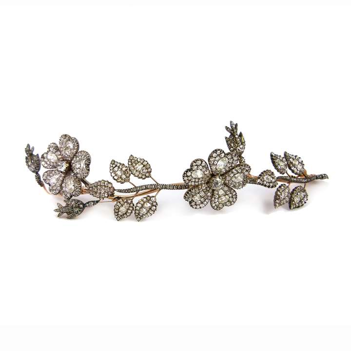 19th century diamond tremblant cluster spray brooch with roses and trailing stem